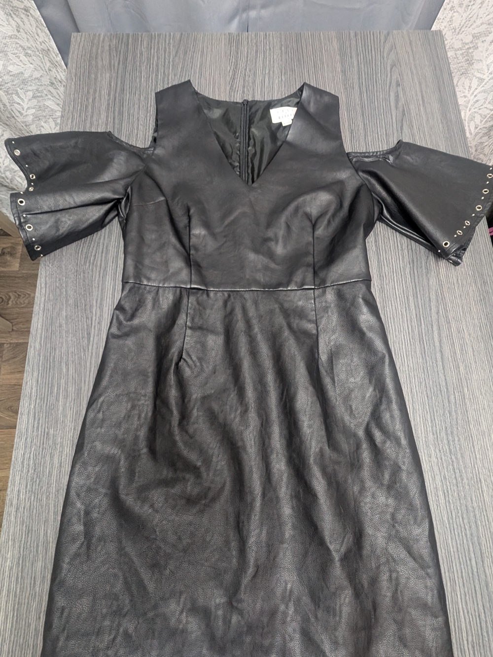 Women's Black Faux Leather Open-Shoulder Dress